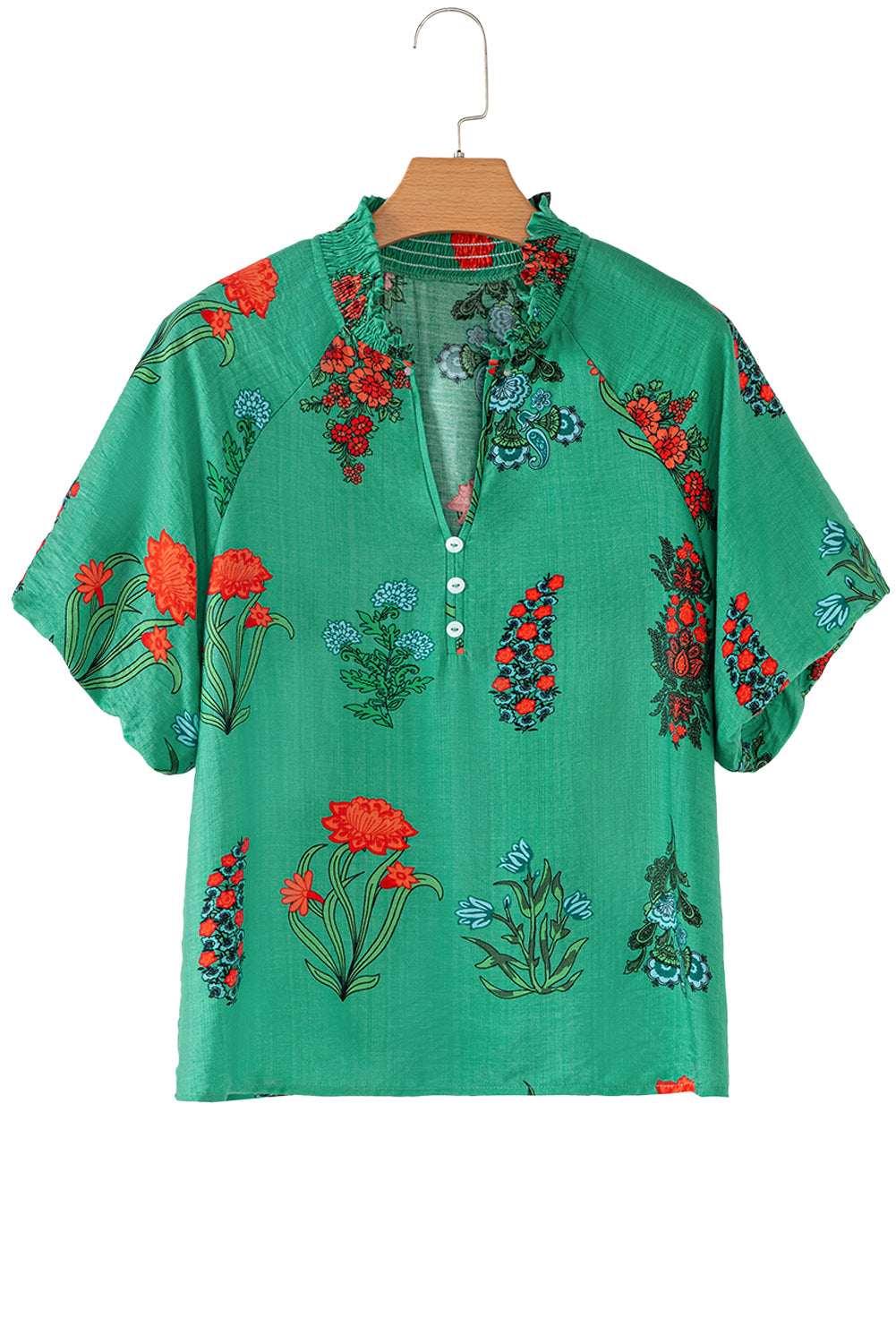 Bright Green Floral Print Buttoned V Neck Short Sleeve Blouse