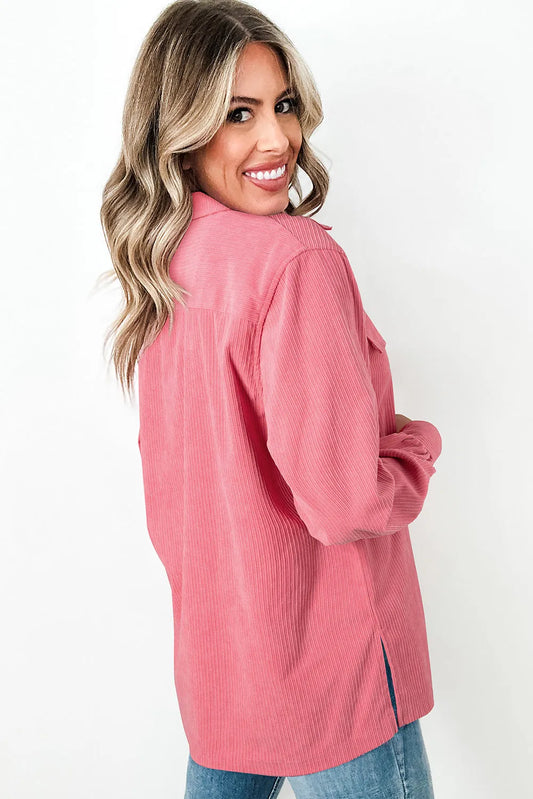 Bonbon Corduroy Flap Detail Button Up Split Shacket - Chic Meadow Boutique