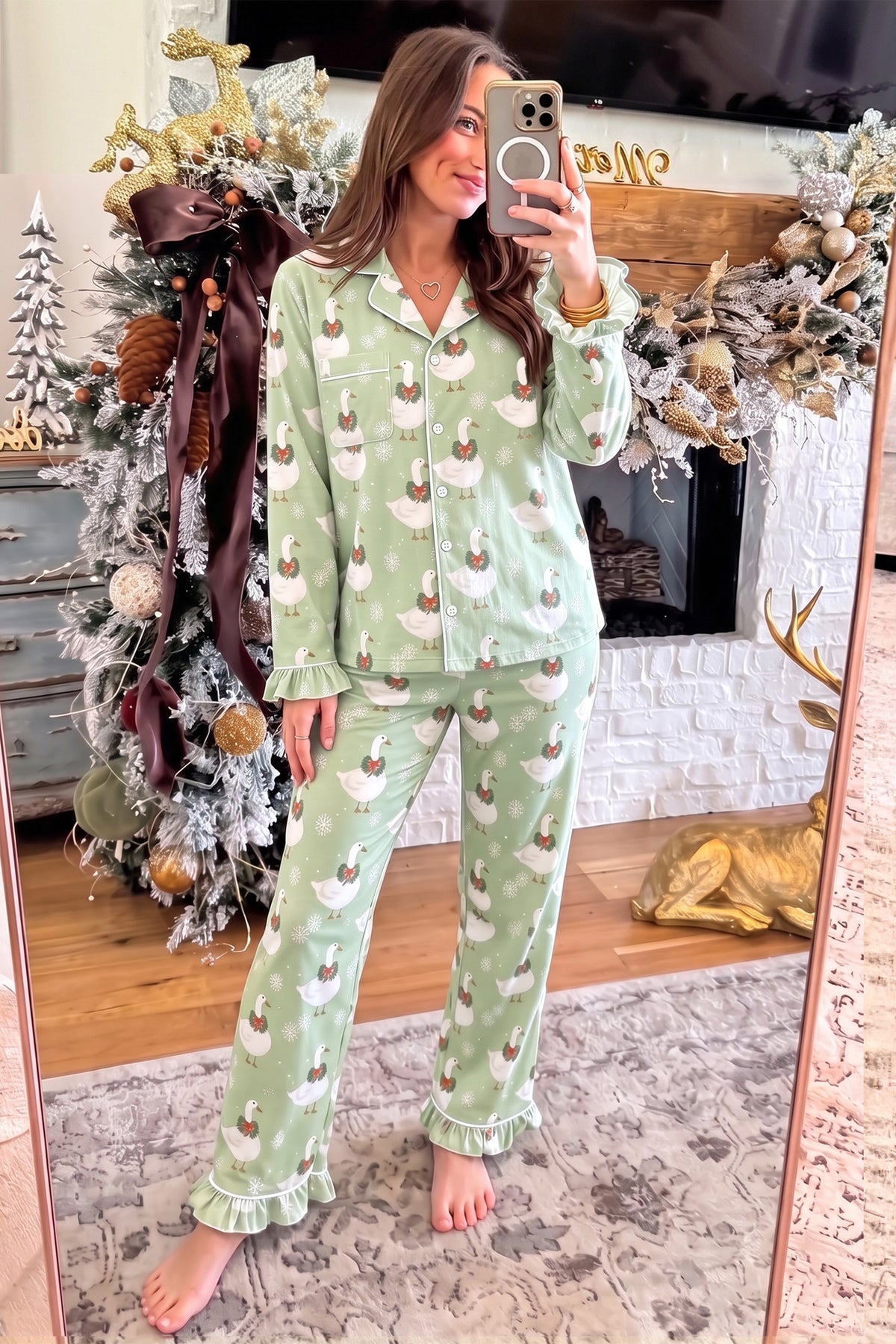 Green Snowflake Goose Print Ruffle Trim Long Sleeve Shirt Style Pajama Pants Set