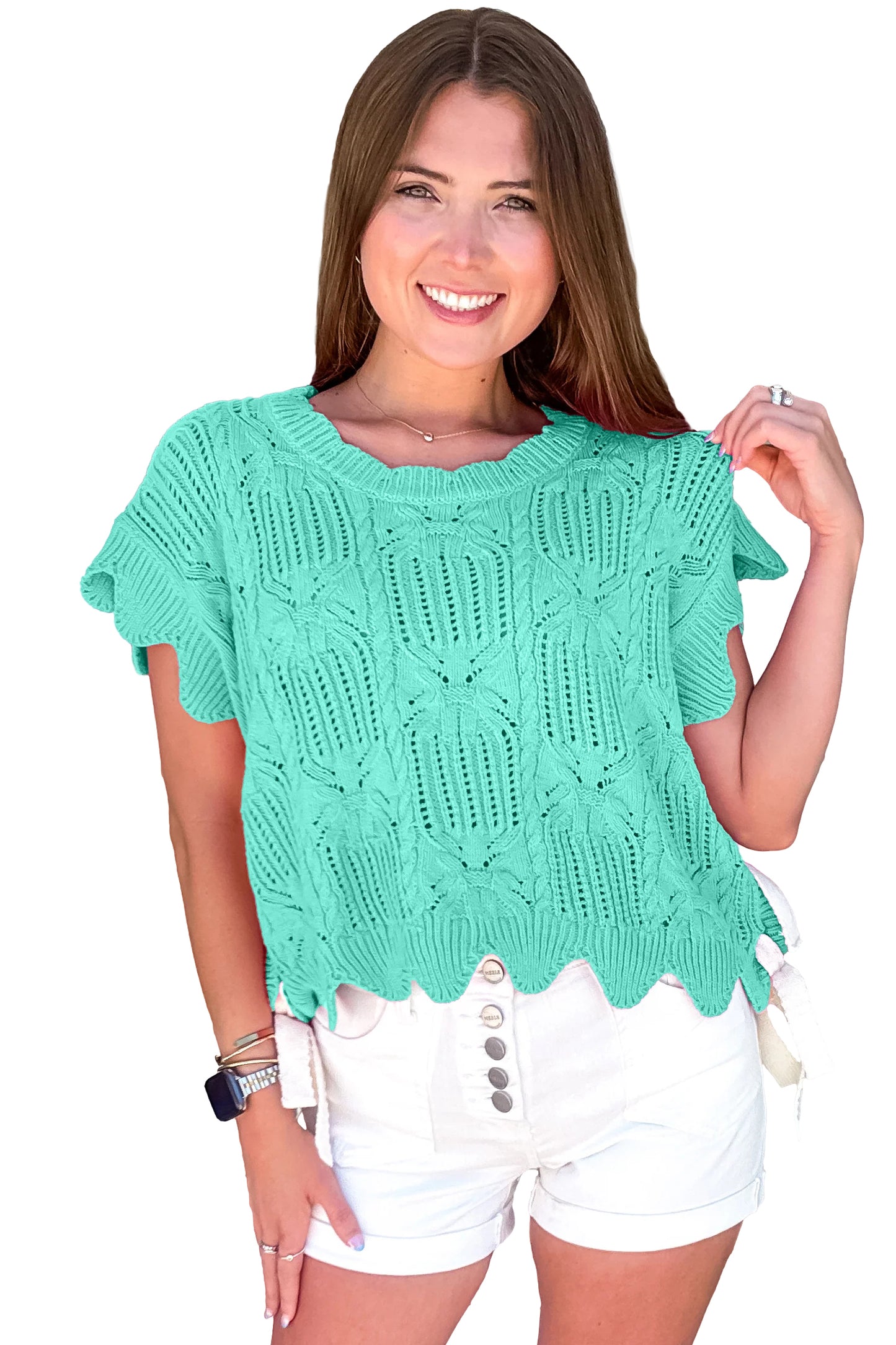 Mint Green Pointelle Knit Patterned Scalloped Trim Short Sleeve Sweater