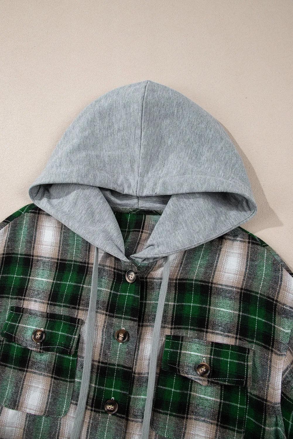 Outerwear/Plaid Shackets Green Plaid Print Chest Pocket Buttoned Hooded Shacket