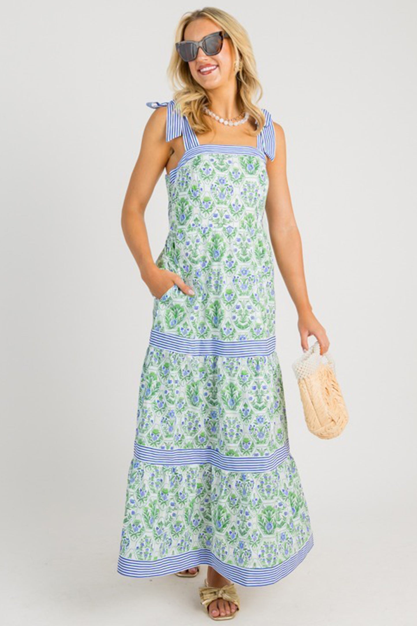 Green Geometric Floral Print Striped Patchwork Detail Sleeveless Dress(Runs Small )