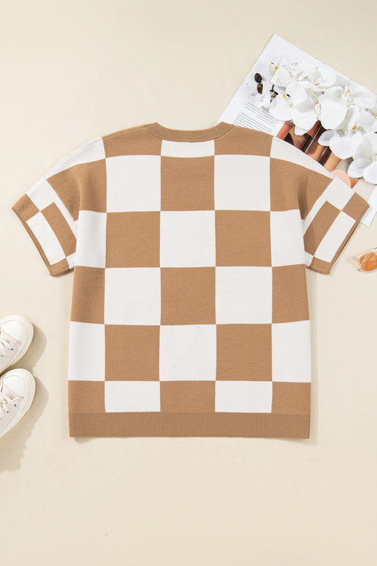 Light French Beige Plus Size Checkered Pattern Knit Short Sleeve Sweater
