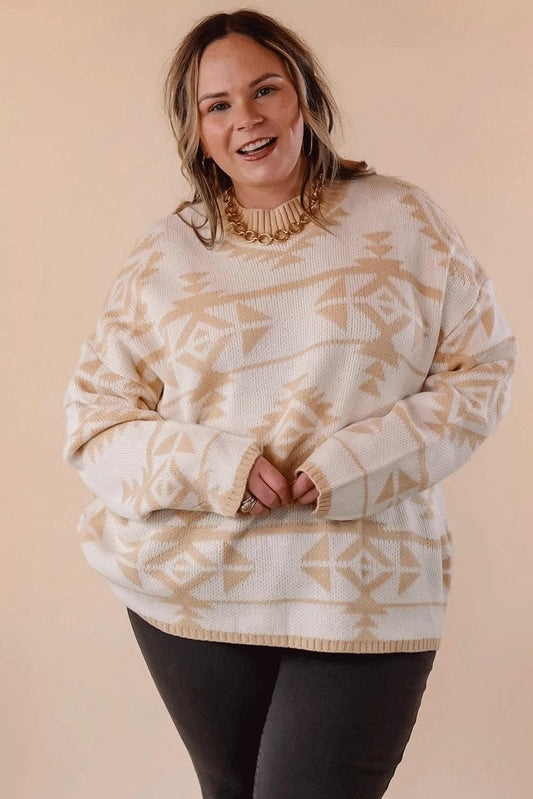 Plus Size/Plus Size Sweaters & Cardigans Apricot Plus Size Western Aztec Print Loose Sweater