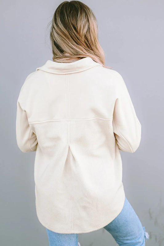Beige Button-Up Stitching Pocket Raw Hem Shacket - Chic Meadow Boutique