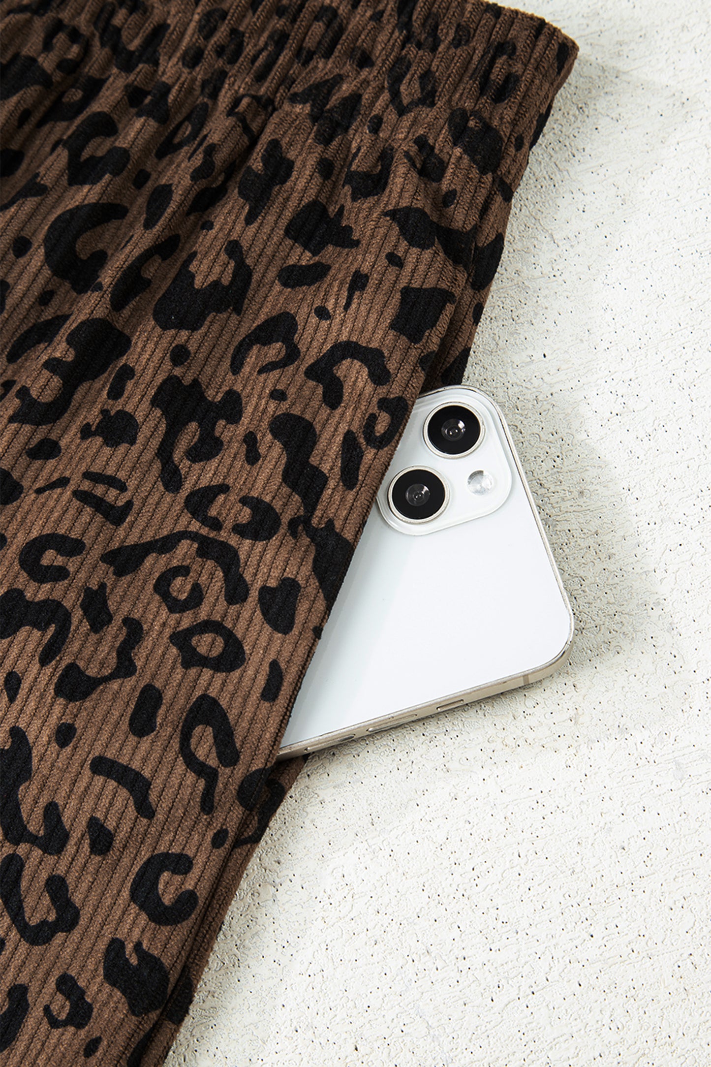 Dark Brown Leopard Print Elastic High Waist Loose Corduroy Pants