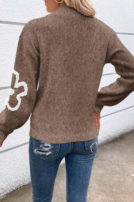 Sweaters & Cardigans/Sweaters Parchment Contrast Flower Half Zipper Stand Neck Sweater
