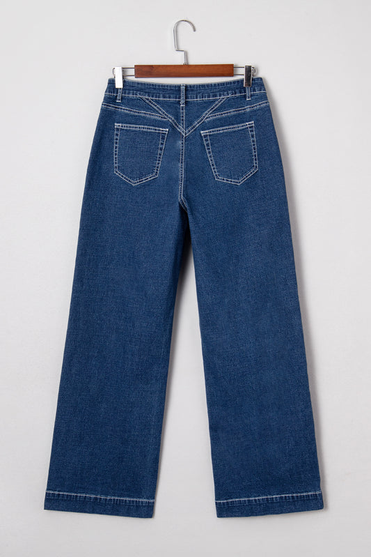 Sail Blue Stitched Waist Detail Loose Cuffed Jeans