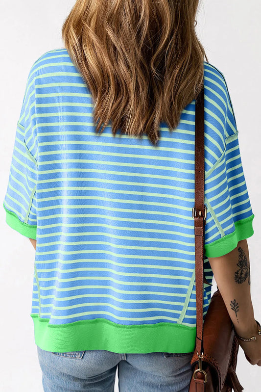 Sky Blue Stripe Oversized Contrast Trim Exposed Seam High Low T Shirt - Chic Meadow Boutique