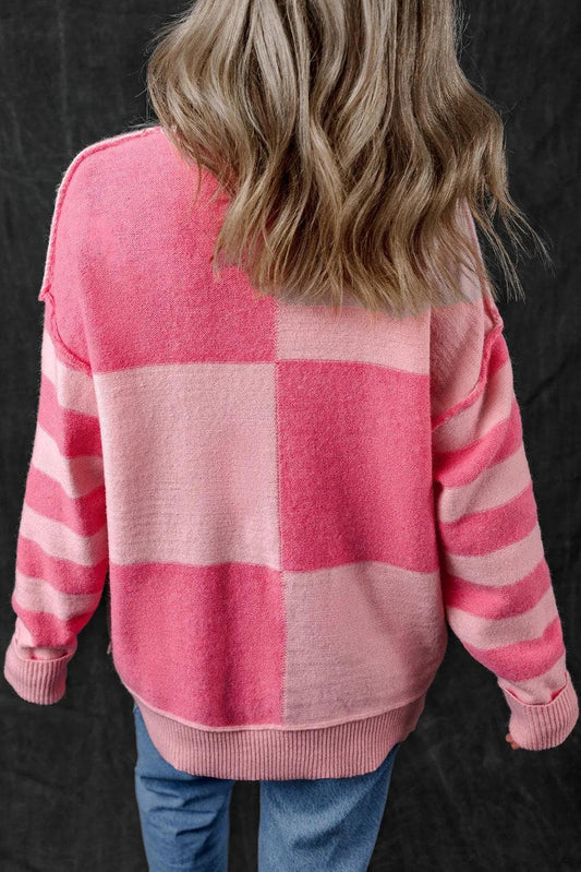 Sweaters & Cardigans/Sweaters Pink Checkered Colorblock Striped High Low Loose Sweater
