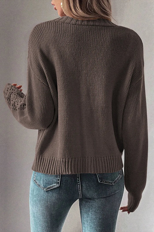 Dark Khaki Open Knit Drop Shoulder Sweater Cardigan - Chic Meadow Boutique