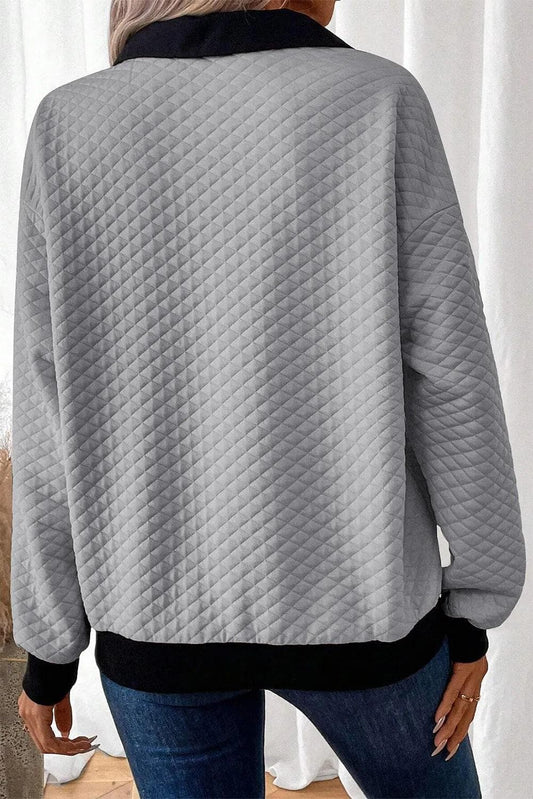 Tops/Sweatshirts & Hoodies Light Grey Textured Colorblock Edge Buttoned Collar Sweatshirt