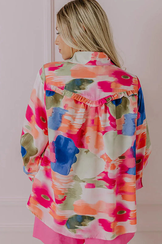 Rose Abstract Print Ruffled Puff Sleeve Shirt - Chic Meadow Boutique