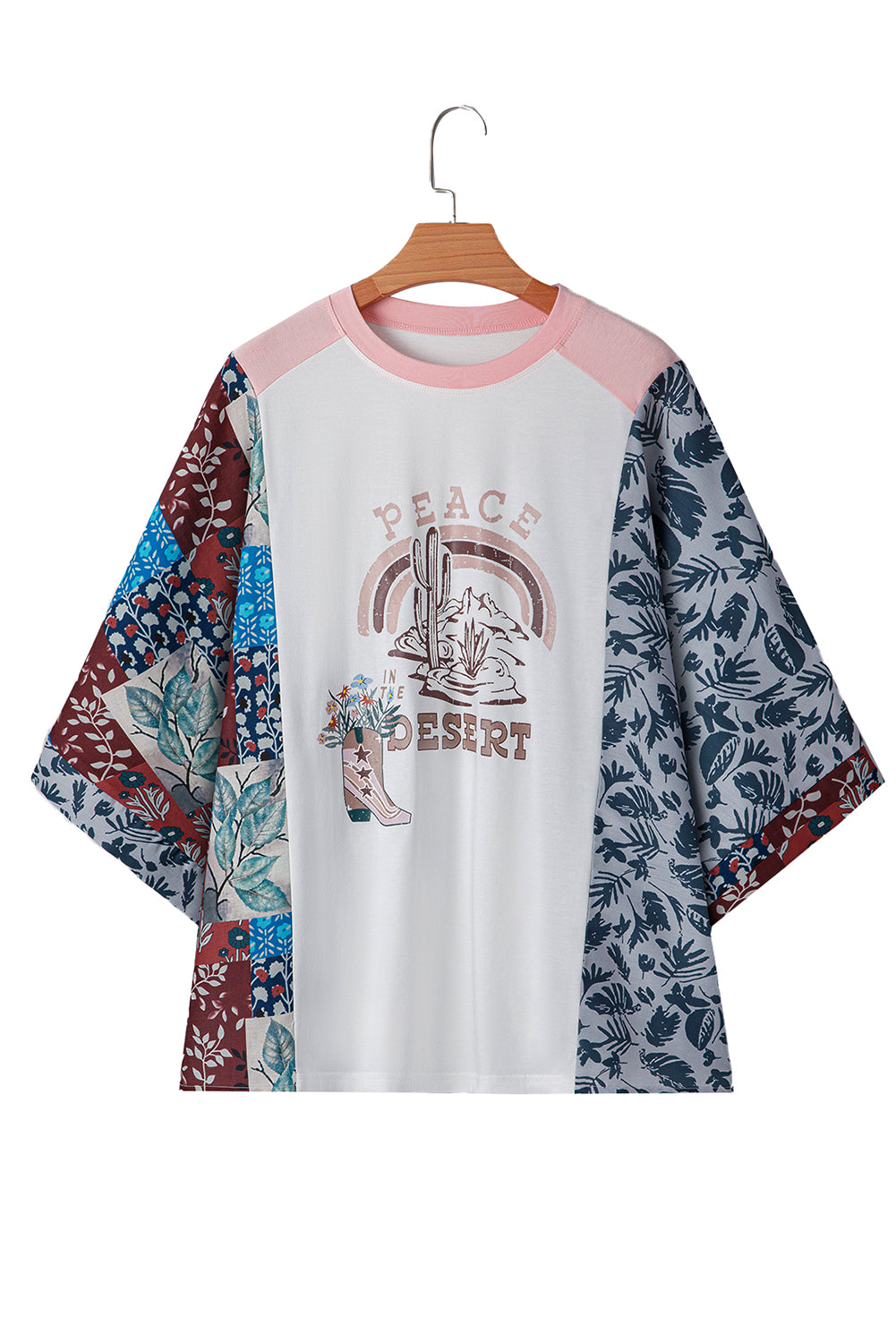 Multicolour Asymmetric Printed Patchwork Sleeve Peace Desert Graphic Top