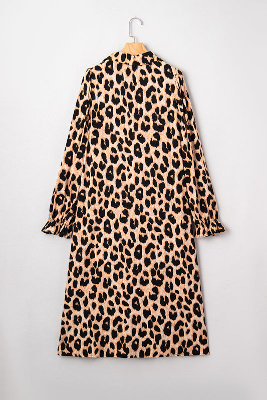 Brown Leopard Print Smocked Detail Flowy Midi Dress