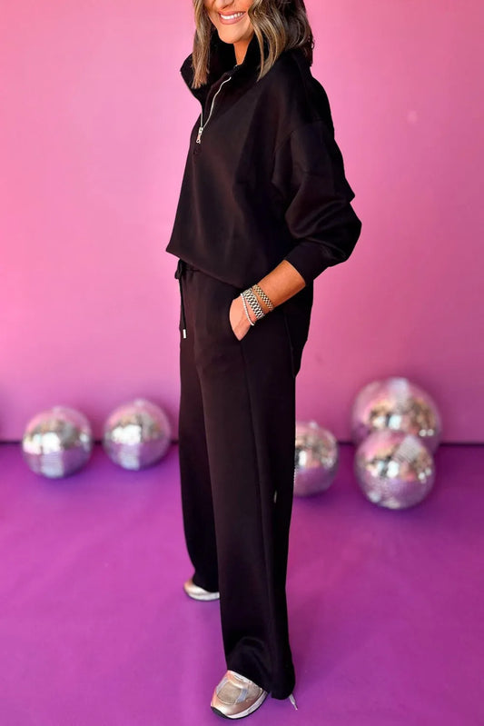 Black Zipper Stand Neck Top and Wide Leg Pants Set - Chic Meadow Boutique
