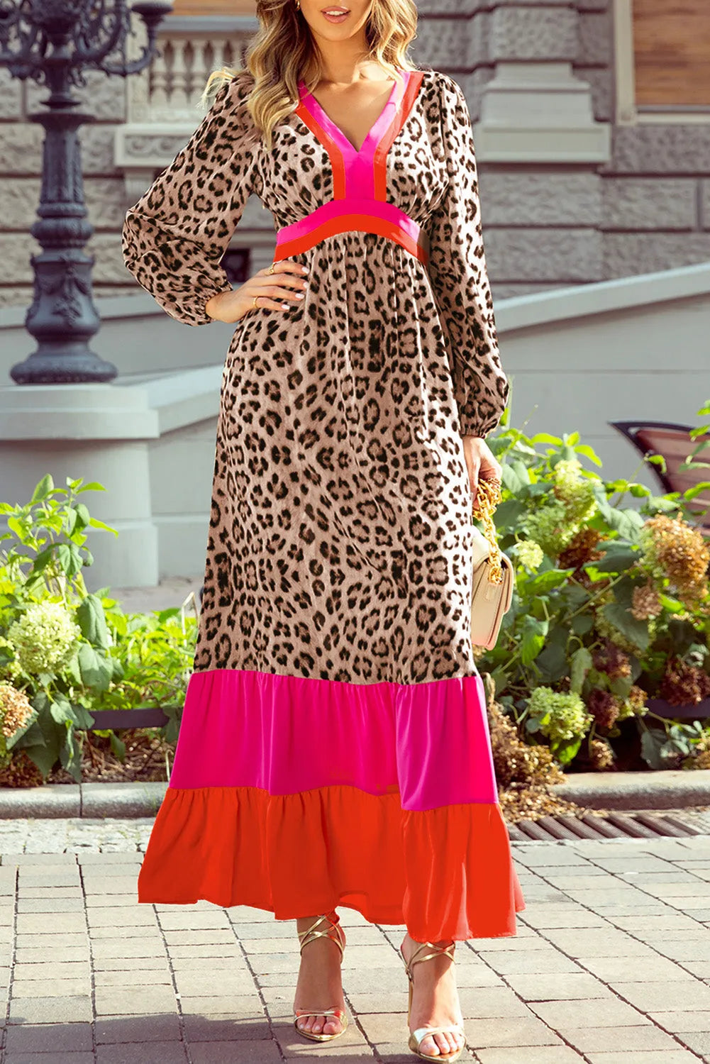 Brown Leopard Color Block V Neck Loose Fit Maxi Dress - Chic Meadow Boutique