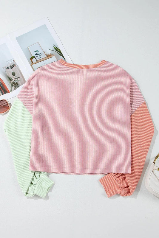 Tops/Long Sleeve Tops Multicolour Corded Colorblock Patchwork Drop Shoulder Long Sleeve Top