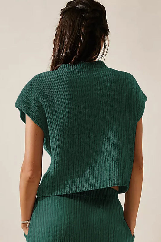 Blackish Green Chest Pocket V Neck Ribbed Cap Sleeve Sweater - Chic Meadow Boutique
