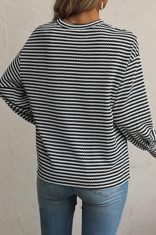 Tops/Long Sleeve Tops Black Stripe Round Neck Drop Shoulder Long Sleeve Top