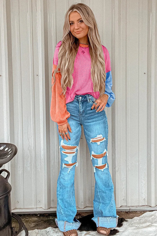 Rose Red Corded Colorblock Patchwork Drop Shoulder Long Sleeve Top - Chic Meadow Boutique