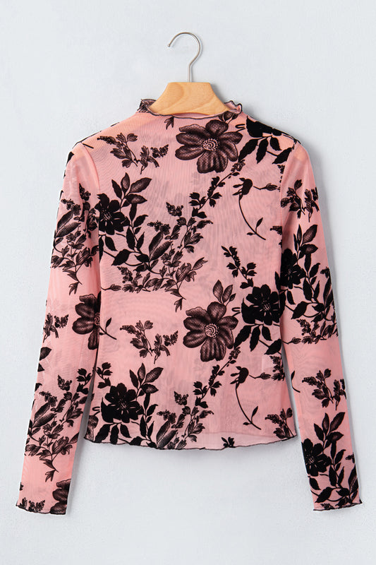 Gossamer Pink Retro Floral Print Mesh Long Sleeve Pullover Blouse