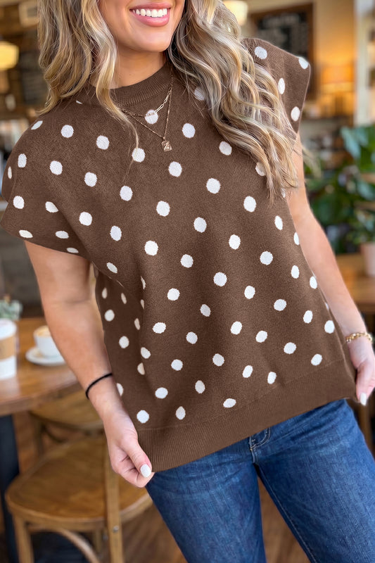 Brown Dolman Short Sleeve Round Neck Polka Dot Sweater