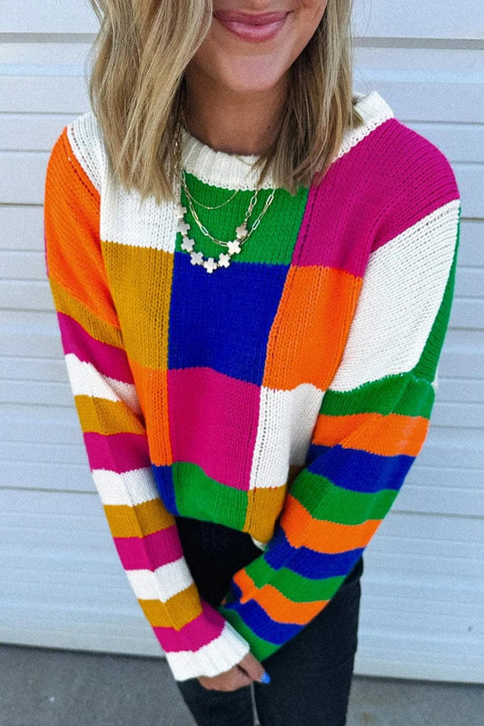 Sweaters & Cardigans/Sweaters Orange Checkered Color Block Round Neck Loose Sweater