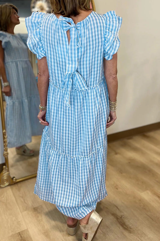 Sky Blue Knot Back Ruffled Short Sleeve Gingham Maxi Dress