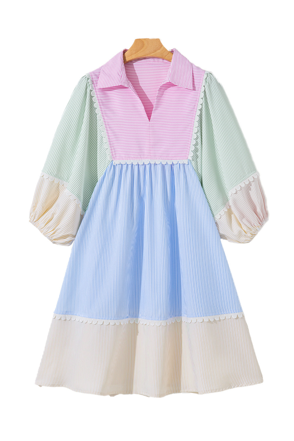 Multicolour Striped Patchwork Ric Rac Puff Sleeve Collared Mini Dress