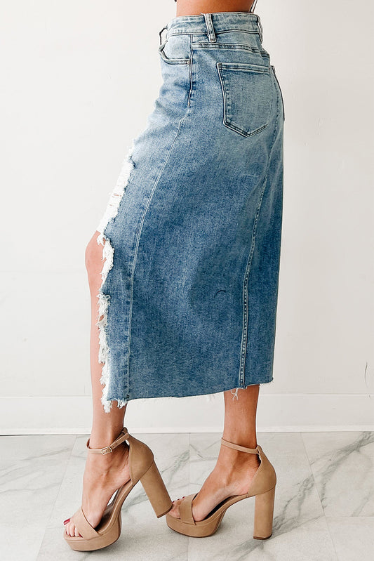 Myosotis Irregular Distressed Bottom Denim Midi Skirt