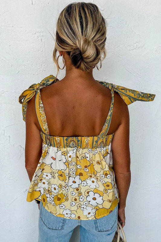 Tops/Tank Tops Yellow Floral Patchwork Tied Straps Buttoned Tank Top