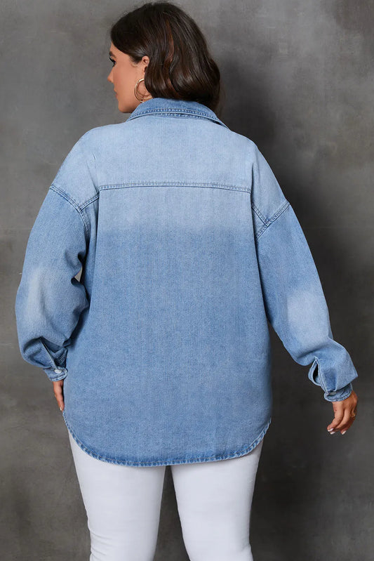 Sky Blue Plus Size Chest Pocket Button-Up Denim Shacket - Chic Meadow Boutique