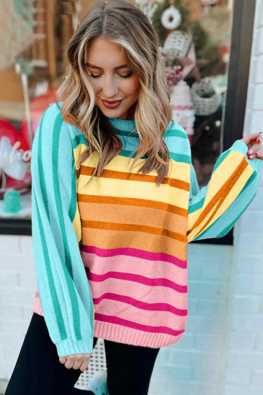 Sweaters & Cardigans/Sweaters Yellow Stripe Gradient Striped Ribbed Edge Loose Sweater