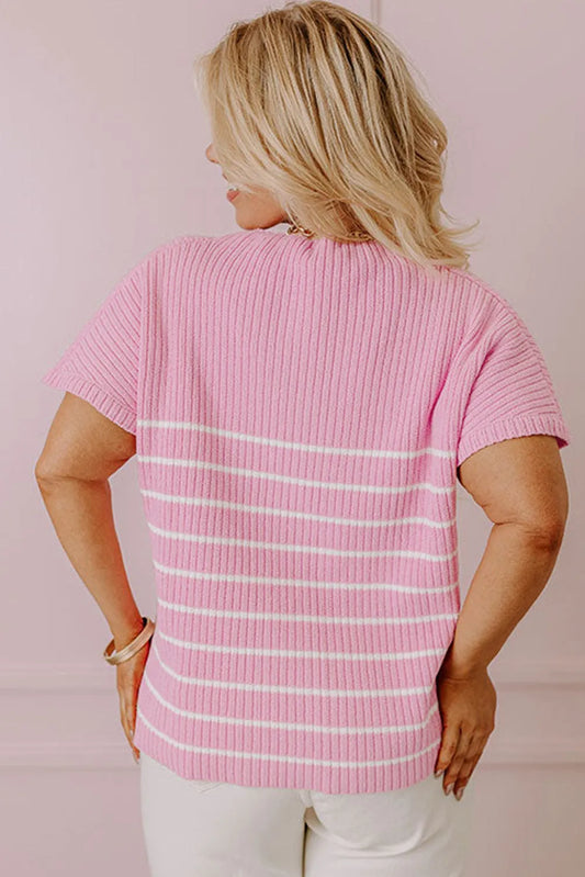 Pink Stripe Ribbed Loose Plus T Shirt - Chic Meadow Boutique