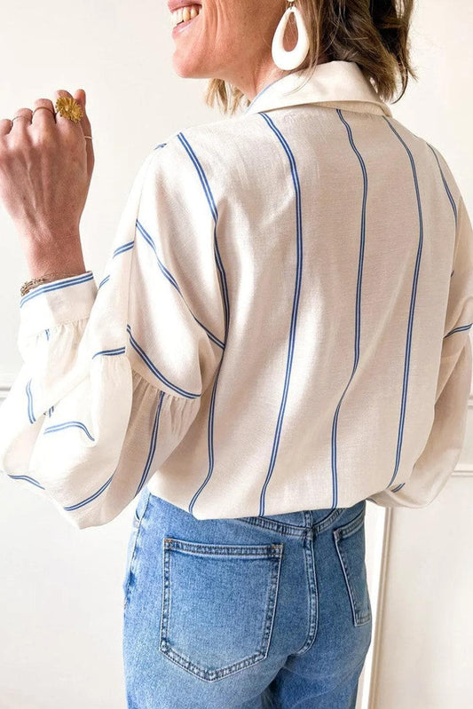 Tops/Blouses & Shirts Sky Blue Stripe Drop Shoulder Bubble Sleeve Loose Shirt