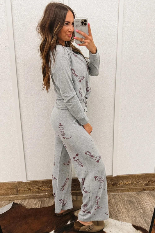 Loungewear & Sleepwear/Loungewear Gray Cowgirl Boots Printed Long Sleeve Top Pants Lounge Set