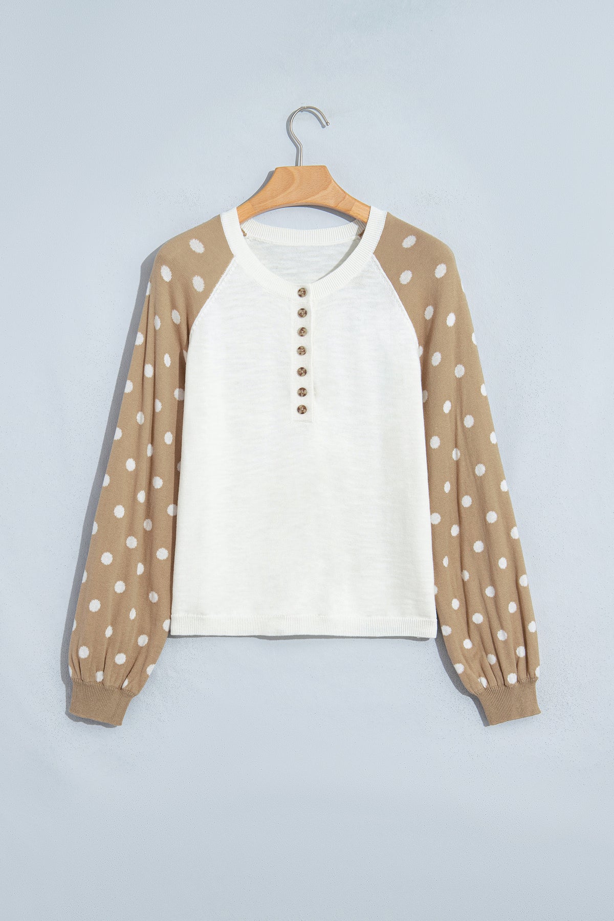 Khaki Polka Dot Contrast Long Sleeve Button V Neck Sweater