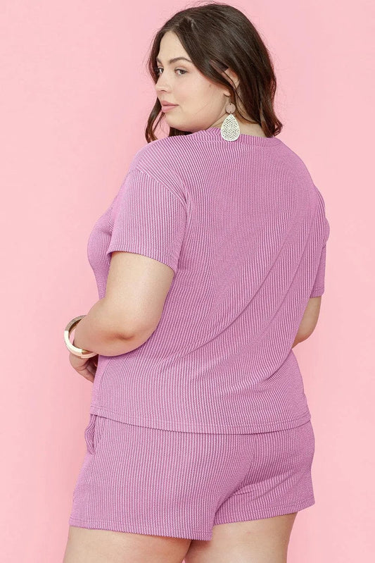 Plus Size/Plus Size Loungewear Phalaenopsis Ribbed Knit T Shirt and Shorts Plus Size Lounge Set