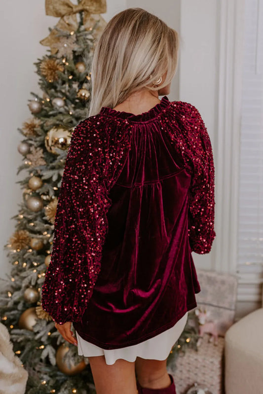 Red Dahlia Sequin Patchwork Sleeve Button Up Velvet Top - Chic Meadow Boutique