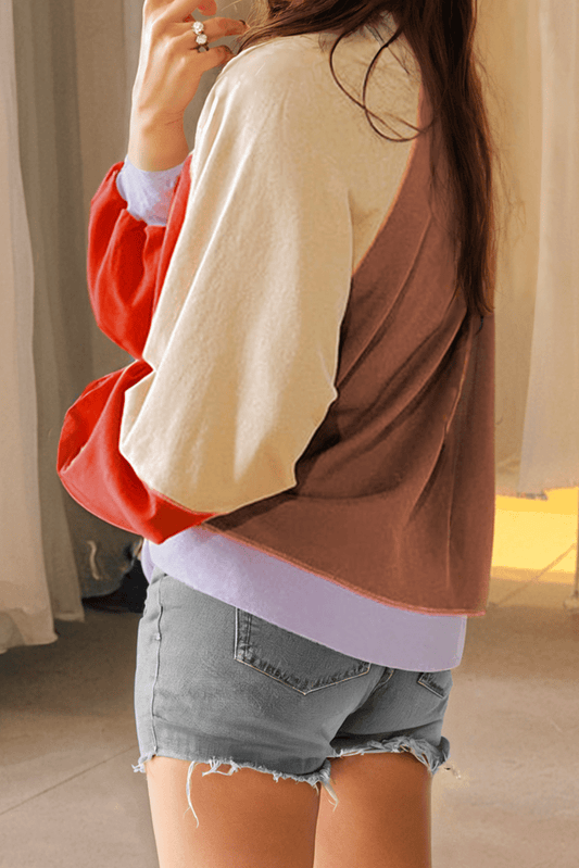 Tops/Long Sleeve Tops Orange Color Block Side Slits Raglan Sleeve Loose Fit Top