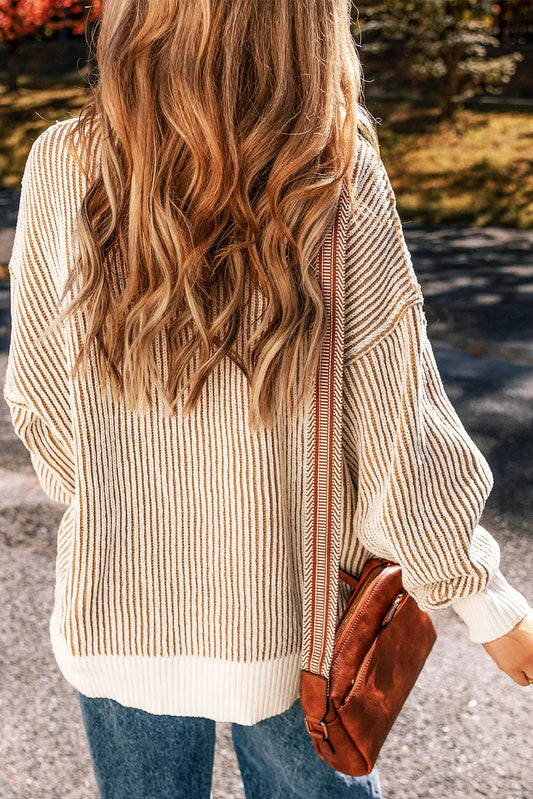 Chestnut Striped Textured Knit Contrast Edge Loose Sweater - Chic Meadow Boutique