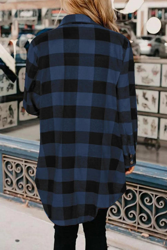 Outerwear/Plaid Shackets Blue Turn-down Collar Plaid Shirt Jacket