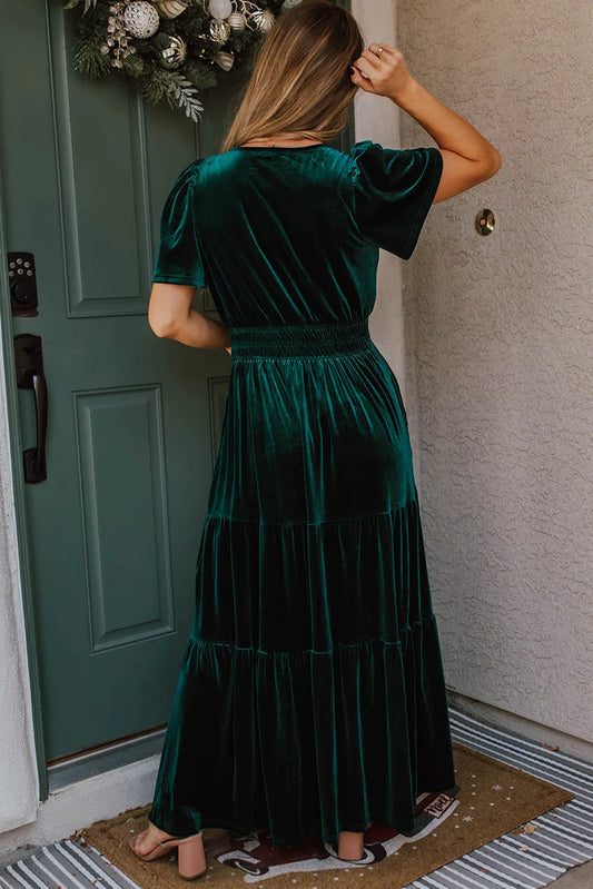 Evergreen Velvet Short Sleeve Shirred Waist Tiered Maxi Dress - Chic Meadow Boutique