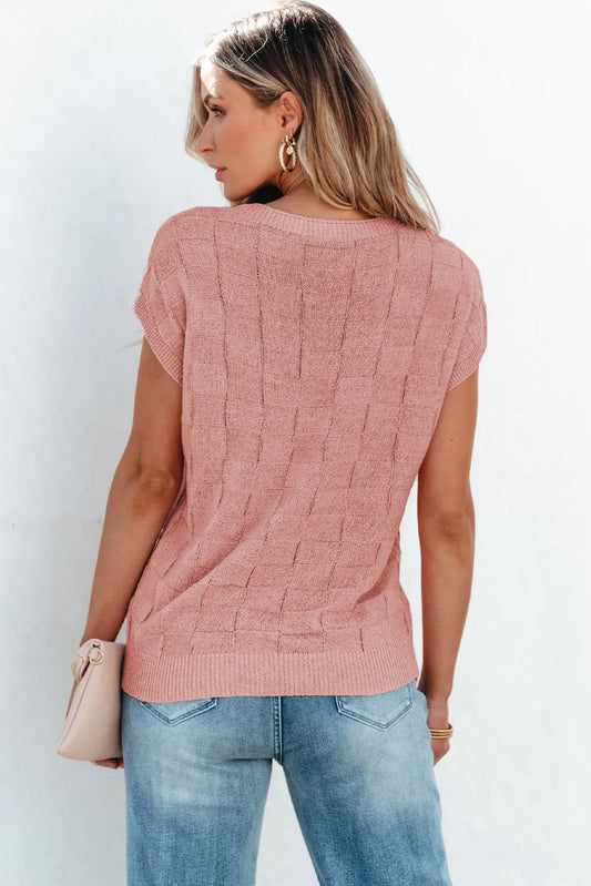 Dusty Pink Lattice Textured Knit Short Sleeve Sweater - Chic Meadow Boutique