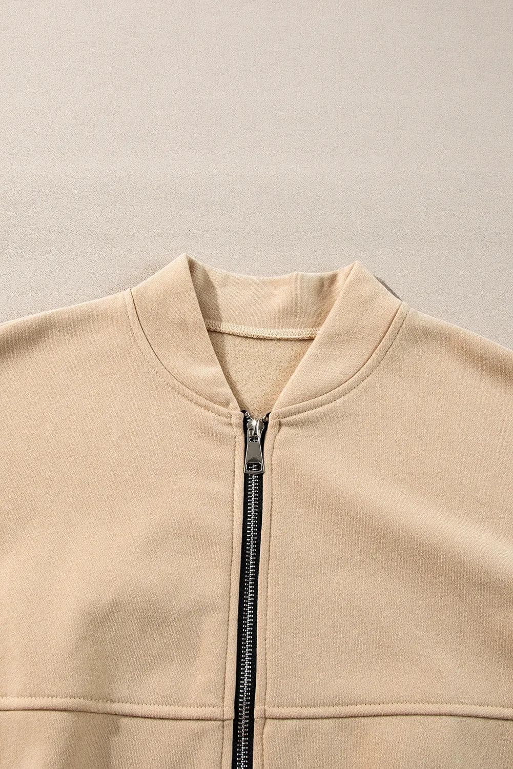 Two Piece Sets/Pant Sets Apricot Solid Seamed Zipper Jacket and Drawstring Waist Pants Set