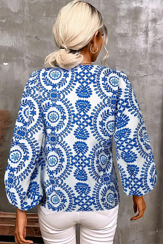 Tops/Blouses & Shirts Sky Blue Vintage Geometric Printed Puff Sleeve Slit V Neck Shirt