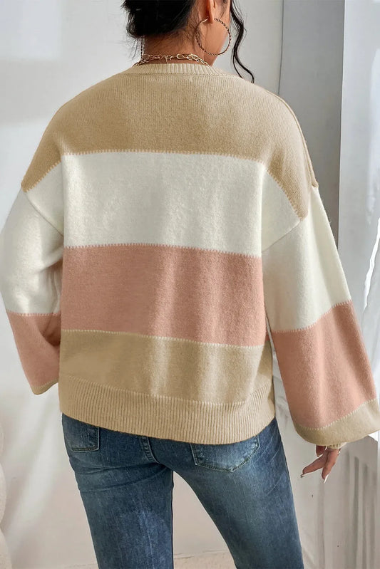 Dusty Pink Color Block Lantern Sleeve Drop Shoulder Sweater - Chic Meadow Boutique