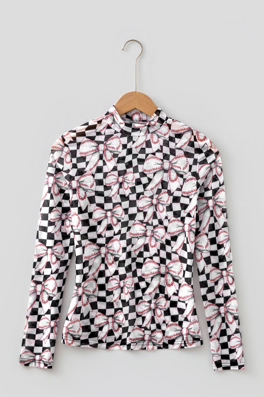 Black Checkered Baseball Bow Print High Neck Long Sleeve Mesh Top