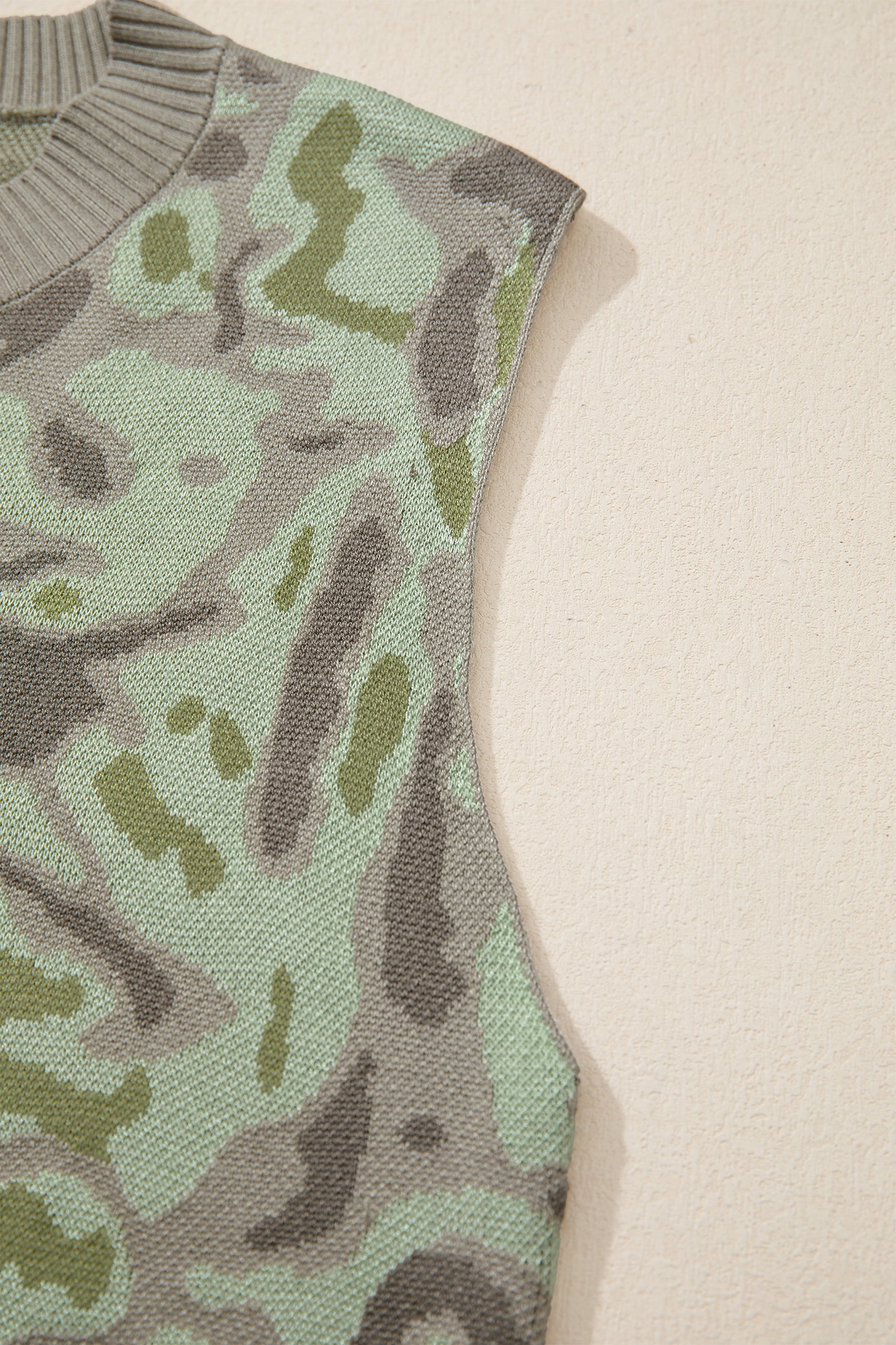 Green Camo Print Button Front Loose Sweater Vest